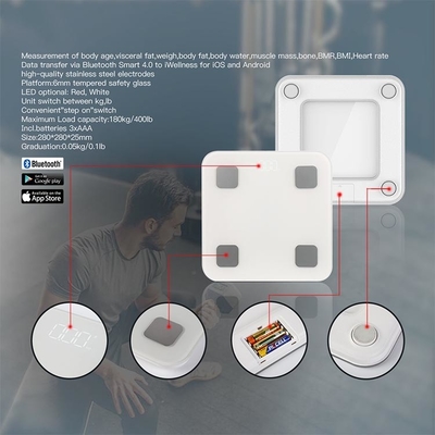 180kg Capacity Glass Personal Smart Analyzing Weighing Scale with Bluetooth Connectivity and Health Scale Metal Bonding