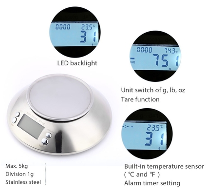 Digital Multifunction Kitchen Scale 5kg Electronic Stainless Steel Food Weighing Scale with Large Removal Bowl