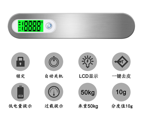 50kg/10g Portable Baggie Weight Airport Digital Weighing Scale for Luggage Green Backlight SS Color 304 Stainless Steel