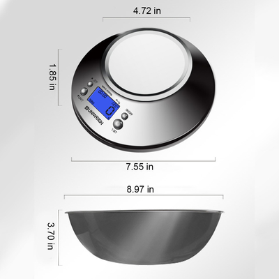 Stainless Steel Digital Kitchen Scale High Accuracy 5kg/1g with Removable Knead Dough Bowl and Room Timer Battery Powered