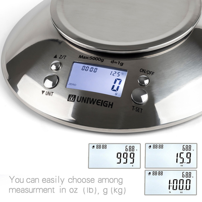 Stainless Steel Digital Kitchen Scale High Accuracy 5kg/1g with Removable Knead Dough Bowl and Room Timer Battery Powered