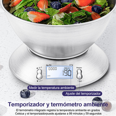 Stainless Steel Digital Kitchen Scale High Accuracy 5kg/1g with Removable Knead Dough Bowl and Room Timer Battery Powered