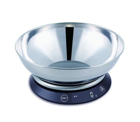 5KG/1G High Accuracy Digital Kitchen Scale with Round Tray Silver and Black Fingerprint Resistant AAA Battery Powered